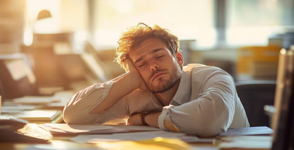 hombre cansado en escritorio