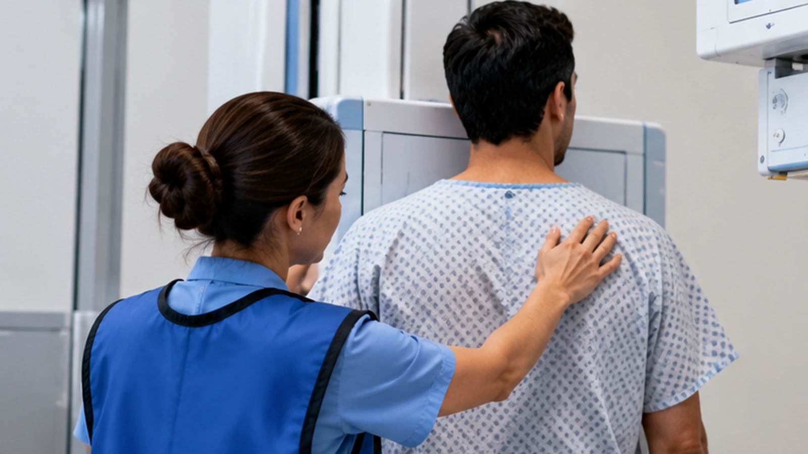 Paciente colocándose frente a un equipo de radiografía digital de tórax mientras una técnica de radiología supervisa el procedimiento.