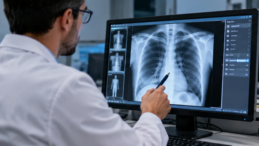 Médico analizando una radiografía digital en una pantalla, observando los detalles de la imagen para su interpretación diagnóstica.