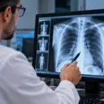 Médico analizando una radiografía digital en una pantalla, observando los detalles de la imagen para su interpretación diagnóstica.