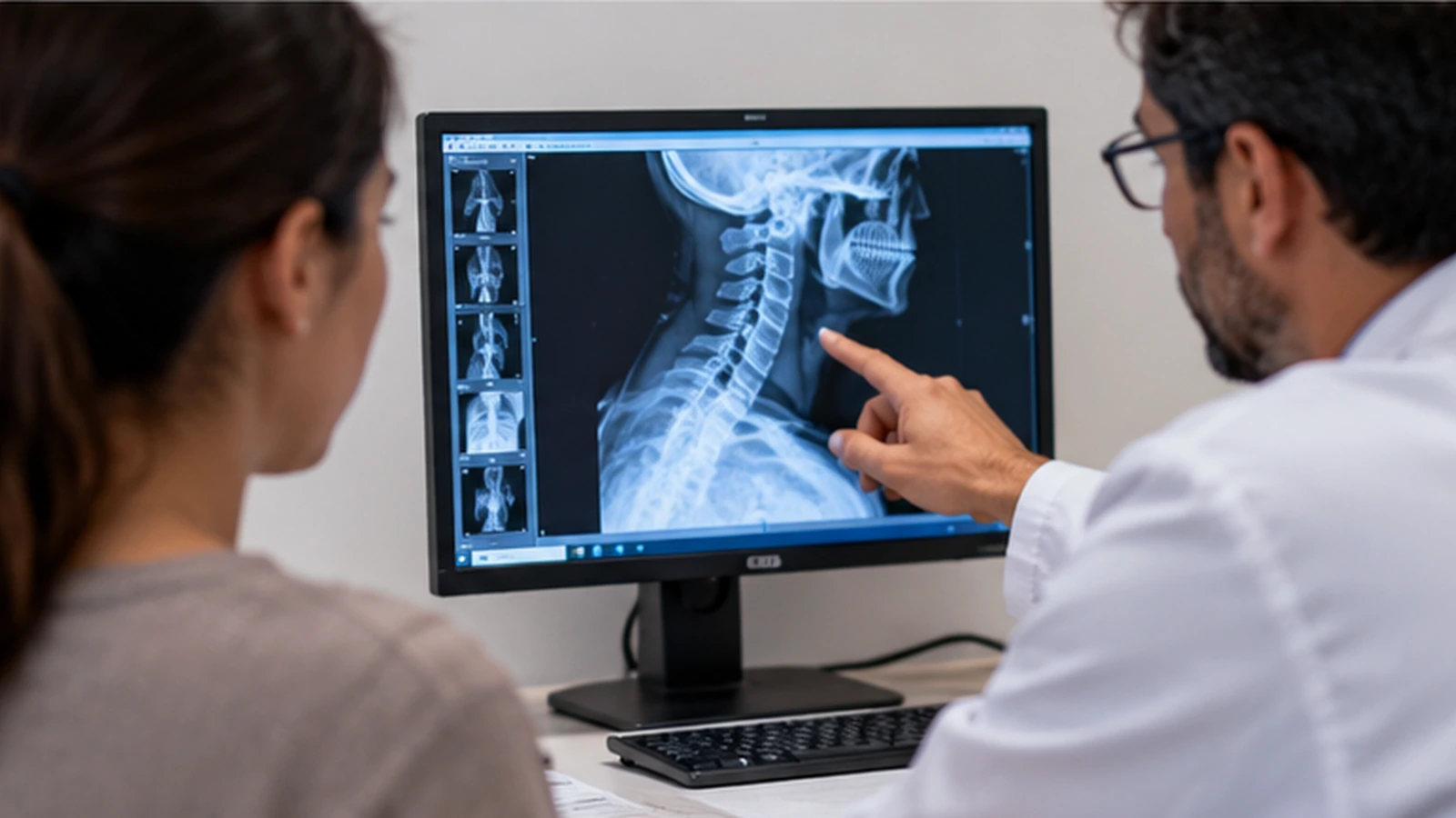 Médico mostrando a una paciente los resultados de una radiografía digital en un monitor durante una consulta médica.