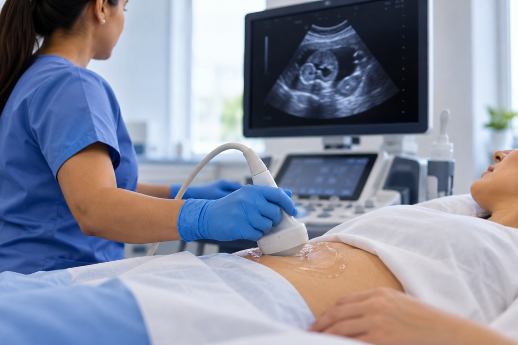 Técnico de salud aplicando gel y transductor durante un ultrasonido abdominal