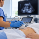 Técnico de salud aplicando gel y transductor durante un ultrasonido abdominal