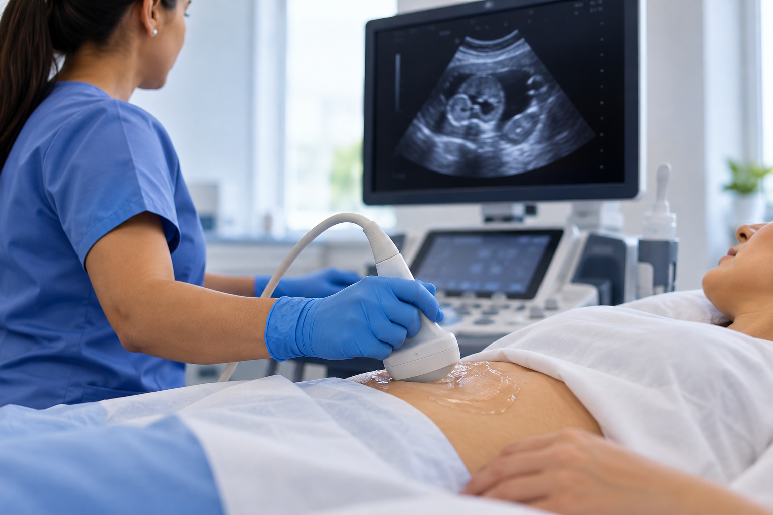 Técnico de salud aplicando gel y transductor durante un ultrasonido abdominal