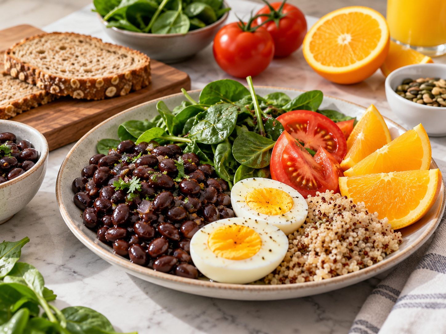 Plato con frijoles, espinacas, huevo, jitomate y naranja, alimentos que aportan hierro y vitamina C.