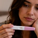 mujer dudando de la prueba de embarazo casera pensando en investigar el precio de una prueba de embarazo en sangre