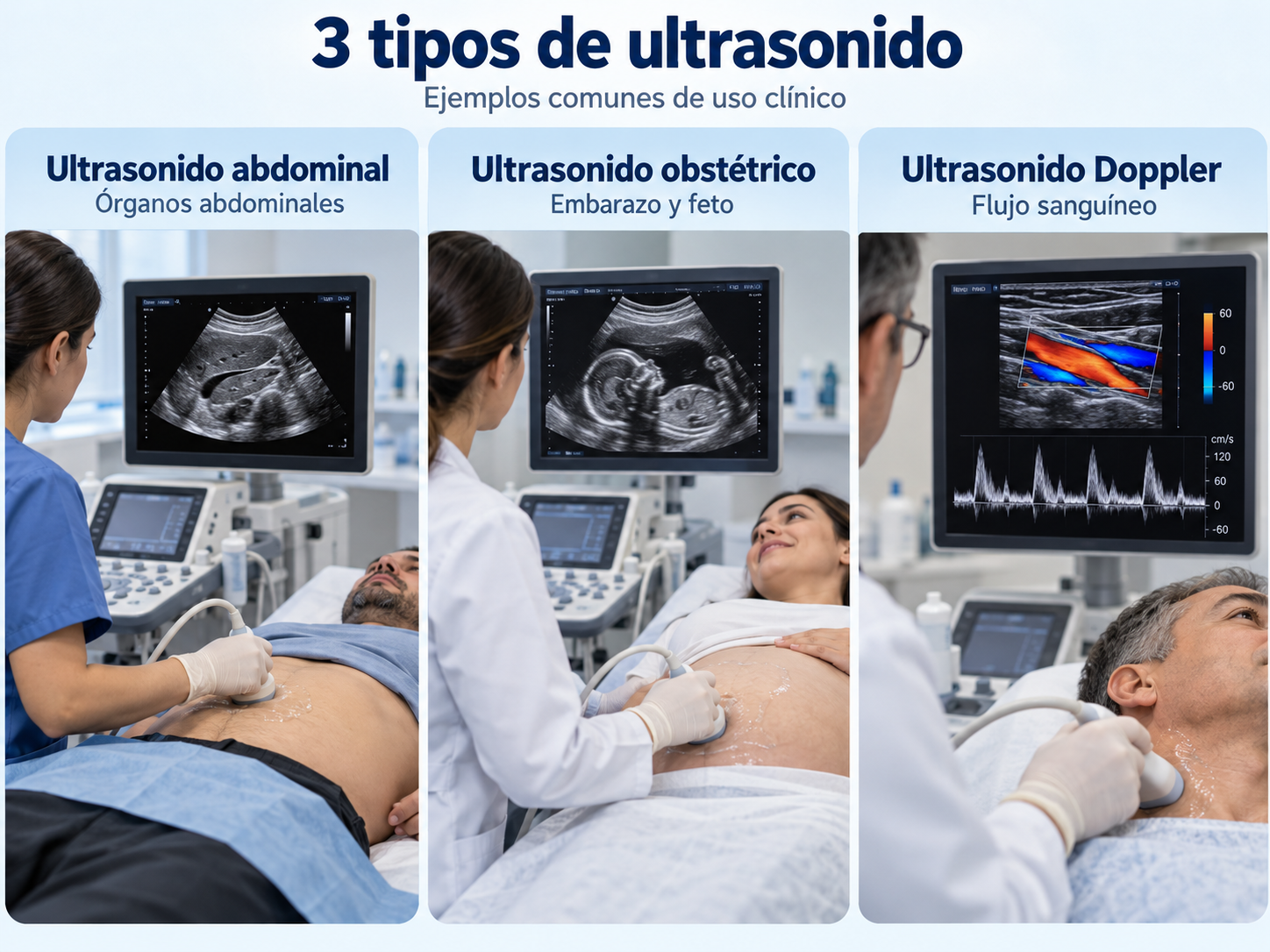 Comparación de tres tipos de ultrasonido: abdominal, obstétrico y Doppler, utilizados para observar órganos internos, evaluar el embarazo y analizar el flujo sanguíneo.